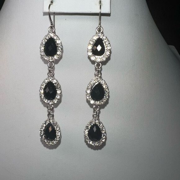 Silver Tone Black Crystal Pear Halo Dangle Earrings - Picture 5 of 7